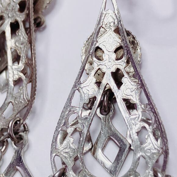 Vintage 1950s Silver Tone Filigree Chandelier Screw Back Earrings Mid Century - Picture 8 of 9